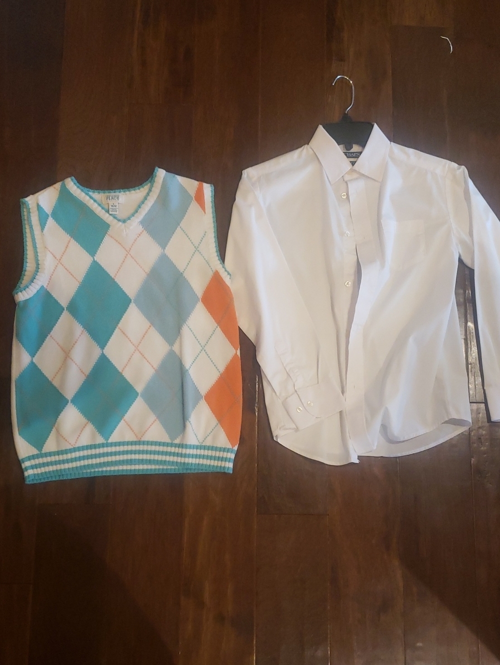 Chaps White Button-Up Shirt with Aqua and Orange Argyle Vest - Kids
